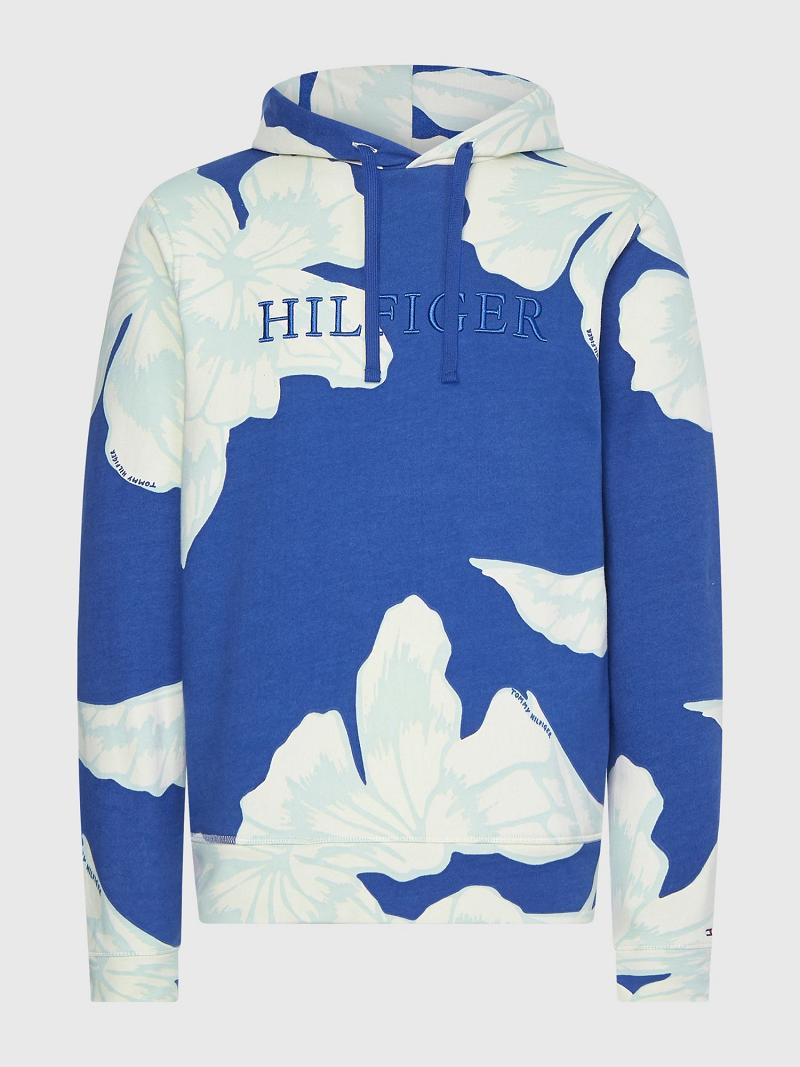 Férfi Tommy Hilfiger Floral Print Hoodies Kék Fehér | HU 1229YXF